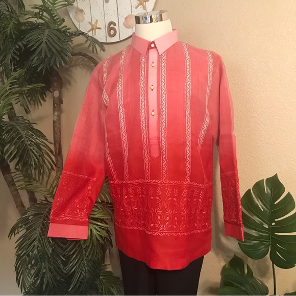 Shirts Red Monochromatic Pina Silk Barong Tagalog With Exquisite